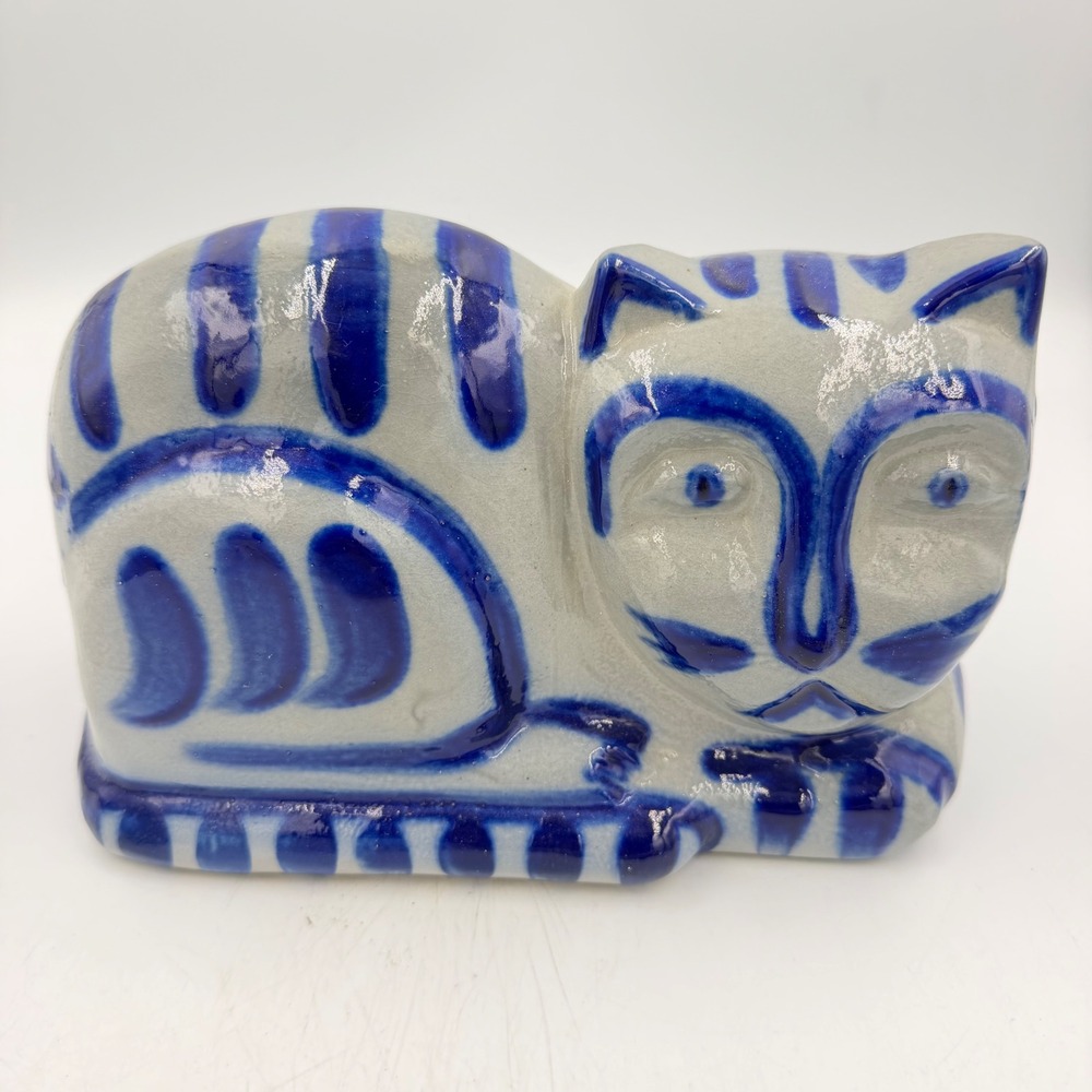 Eldreth Pottery Salt Glaze Stoneware Cat Figurine Cobalt Blue Signed 1992 Folk